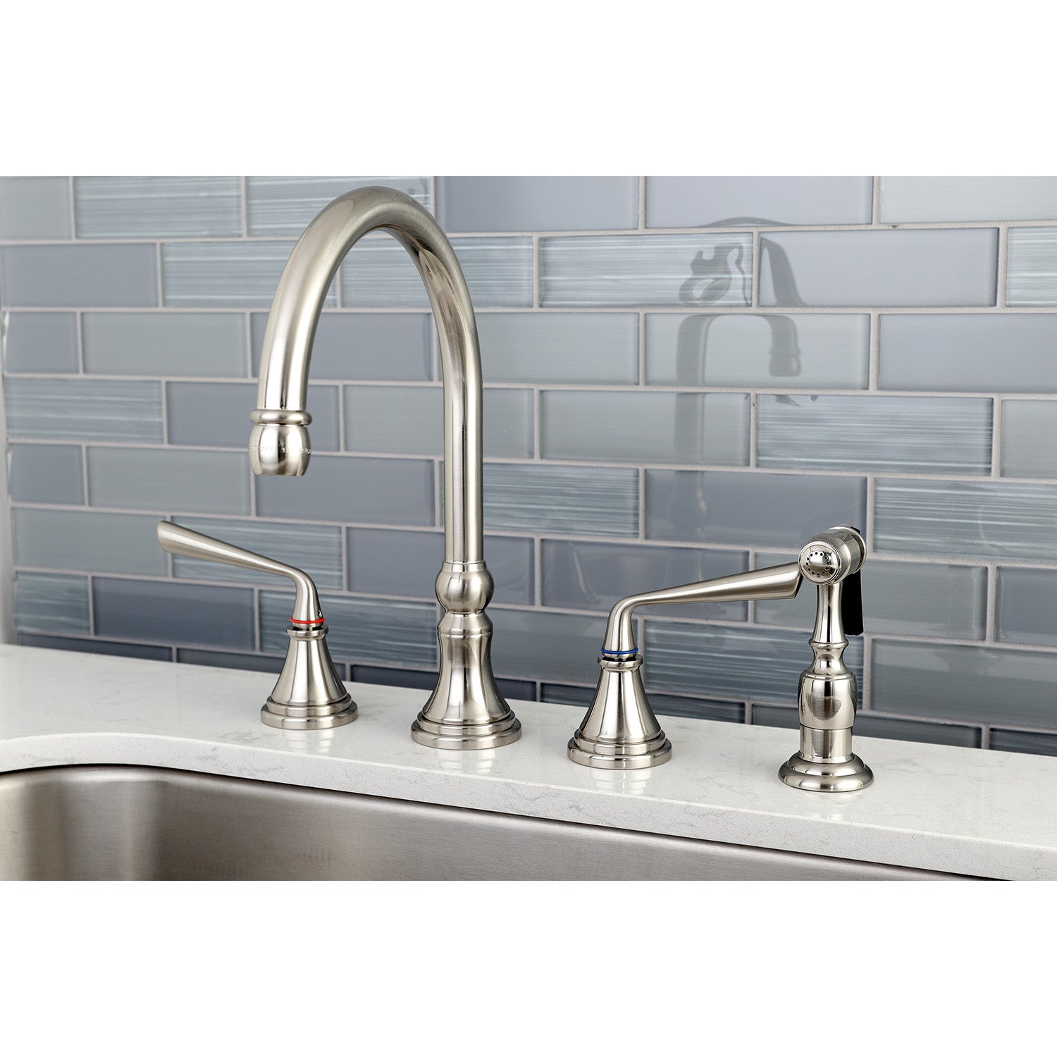 Kingston Tulare KS2798ZLBS - Silver Sage Double-Handle 4-Hole Widespread Kitchen Faucet with Brass Sprayer, Brushed Nickel — thumbnail 2